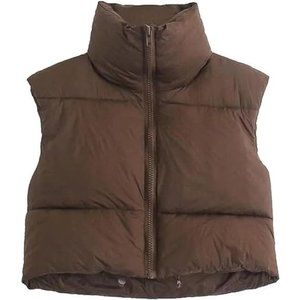 Women's Fashion High Neck Zipper Cropped Puffer Vest Jacket Coat
